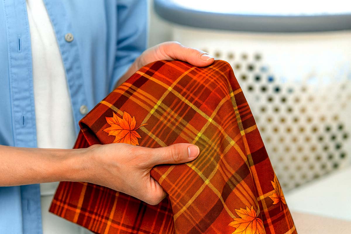 A person holding a clean, Thanksgiving-themed tablecloth in warm fall colors
